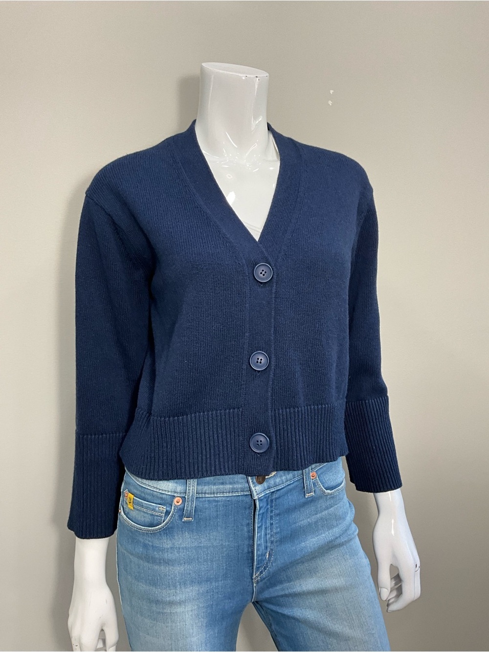KINROSS Navy Blue Cropped V Neck Cardigan Bell Sleeve Knit Sweater XS